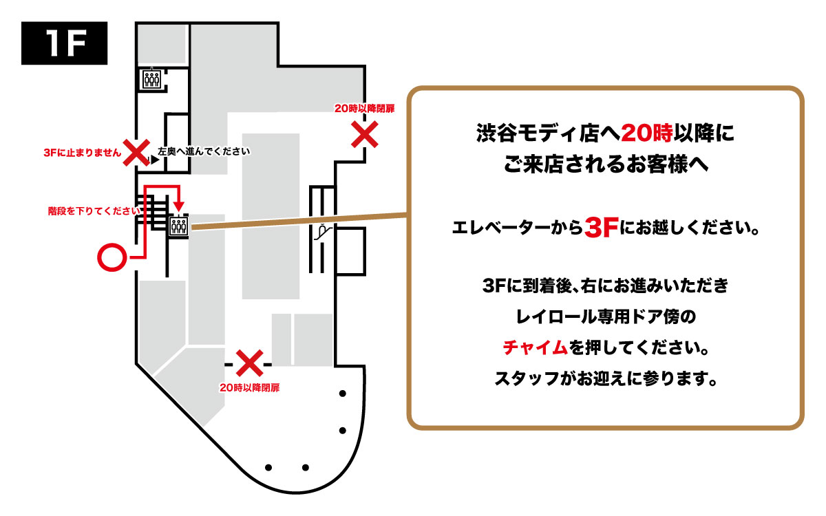 渋谷モディ店 20時以降の来店方法案内図